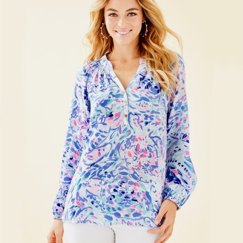 Lilly Pulitzer Elsa Blouse in Breakwater Tint Party Wave Print Size Small